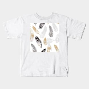 black, gold, white and gray feathers Kids T-Shirt